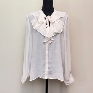Atmosphere Ivory Ruffle Tie Button Front Blouse Long Sleeve Textured Womens 14
